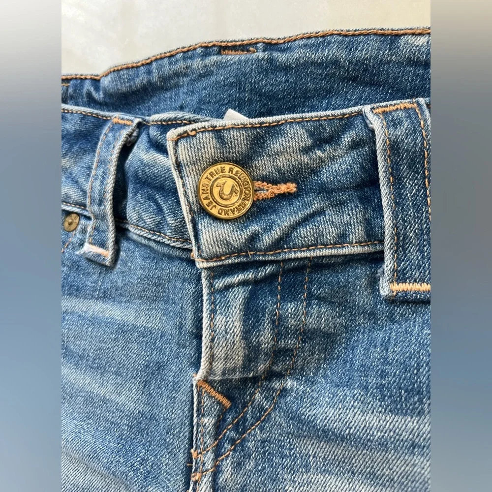 True Religion Y2K Blue Distressed Denim Cut Off Style Shorts with Grommet Slit - Picture 3 of 6